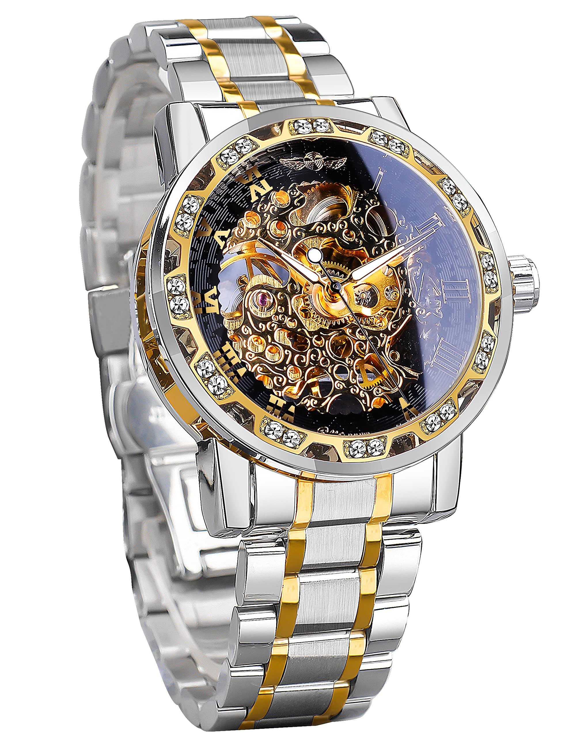 

FORSINING Winner Retro Manual Skeleton Watch Diamonds Carving Flower Craft Men Silver Black Roman Numerals Casual Style