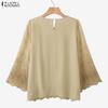 ZANZEA Women Round Neck 3/4 Sleeve Loose Casual Embroidery Patchwork Blouse