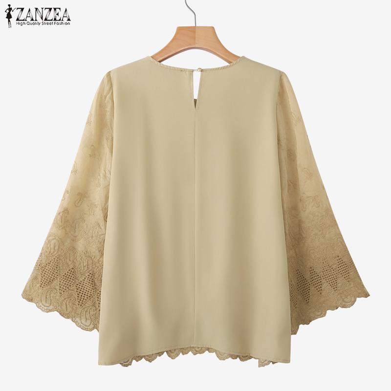 ZANZEA Women Round Neck 3/4 Sleeve Loose Casual Embroidery Patchwork Blouse