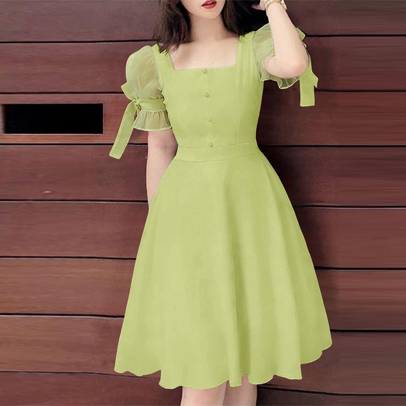 ZANZEA Womens Square Collar Casual Mesh Splice Short Sleeve A-Line Dress