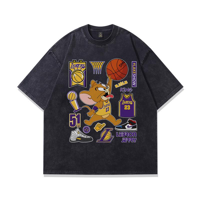 Heavy Cotton Washed Short-Sleeved T-Shirt American Retro Trendy Cartoon Printed Vintage Half-Sleeved Top