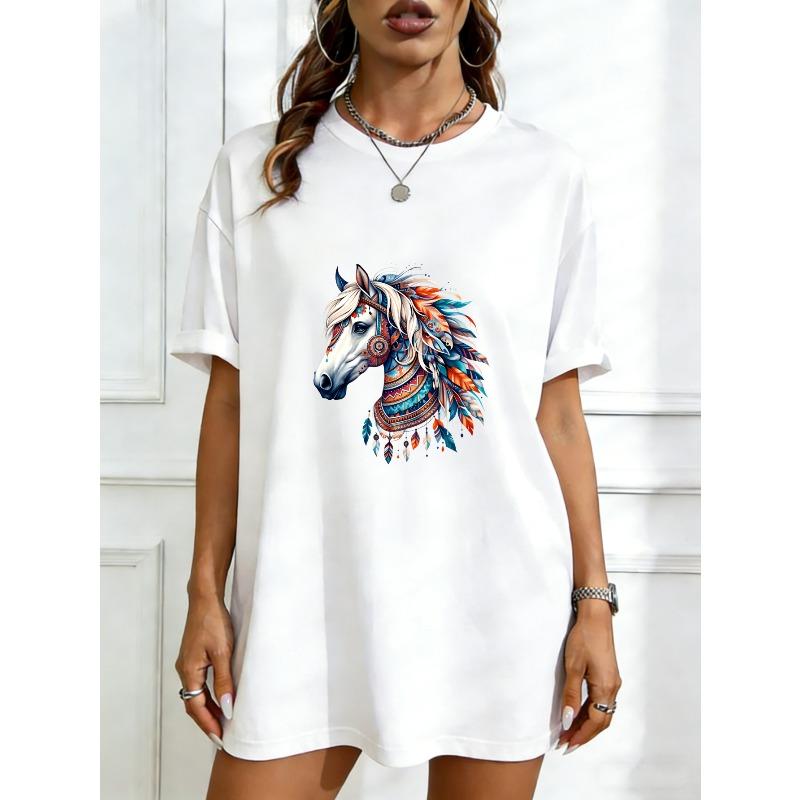 

Oversized T Shirt Dress Black Horse Head With Colorful Tribal Pattern And Feathers Casual Streetwear For Women XXXXL білий