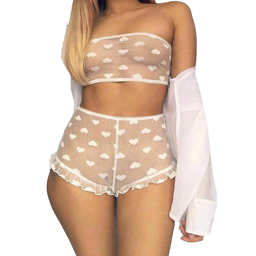 Women Erotic See Through Heart Print Underwear Set Tube Top Lace Micro Shorts