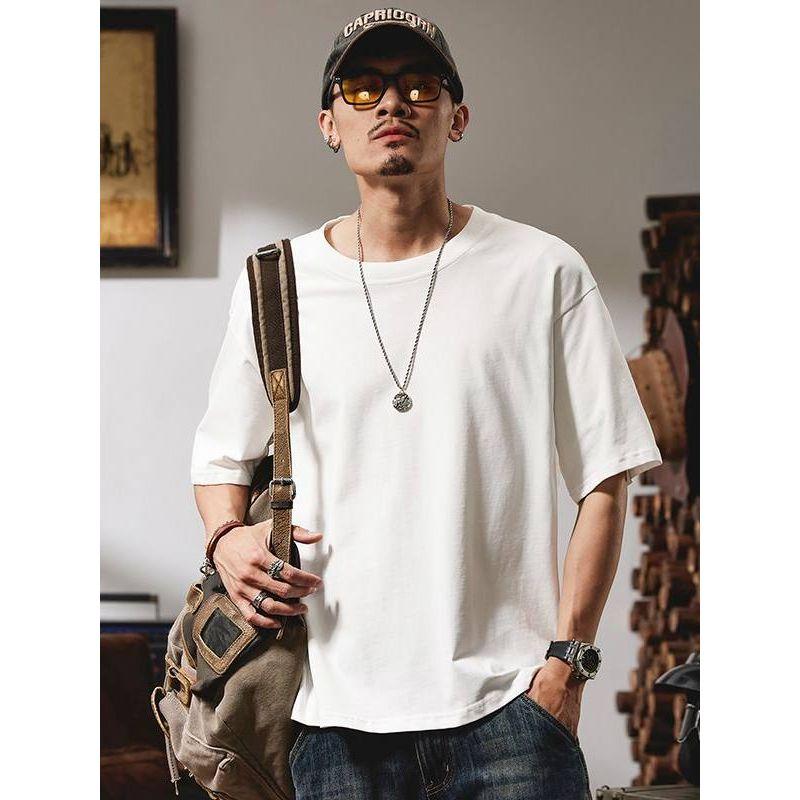 Men's Summer Trendy Brand Plain Cotton Round Neck Short-Sleeve T-Shirt, Versatile Loose Fit Base Layer Top