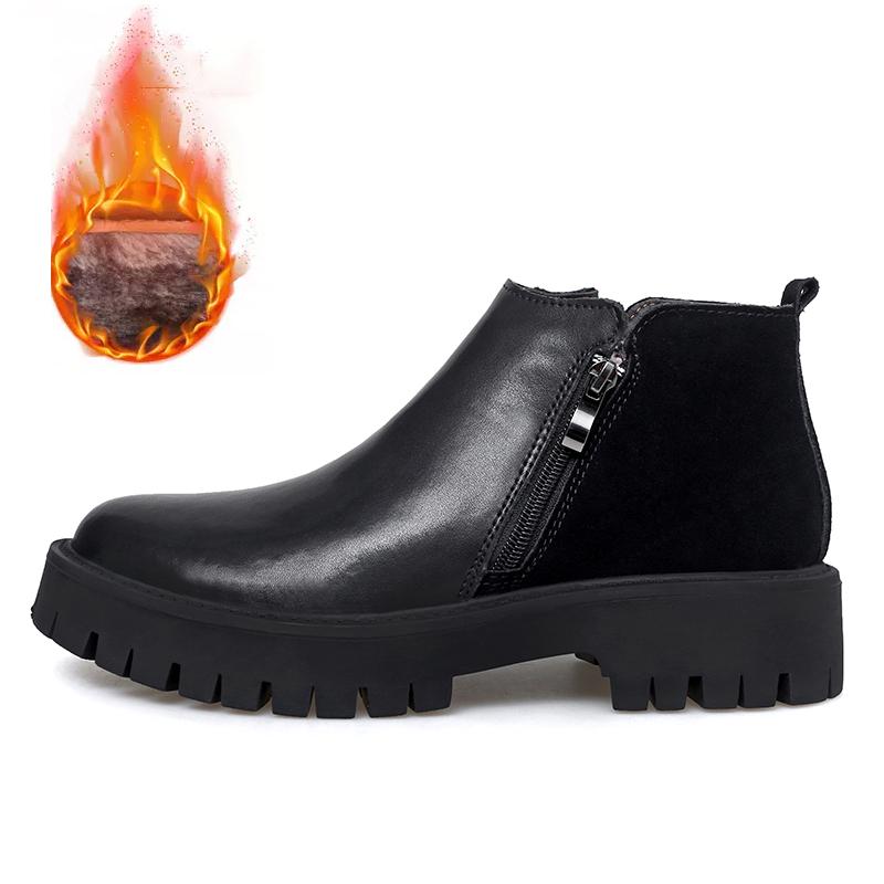 

Mens Leather Short Boots With Zippers Thick Bottoms Platform Shoes Black color Winter Keep Warm 38