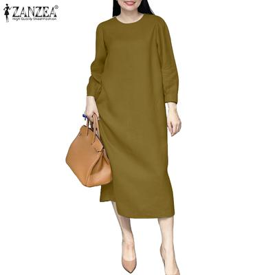 Women Casual Round Neck Solid Color Loose Dress
