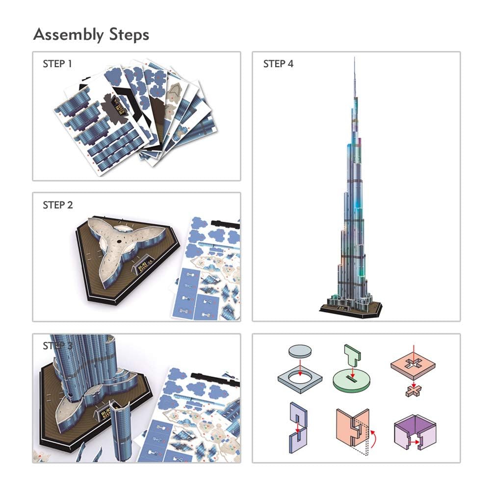 ASSYME Cubic Fan 3D Puzzle Craft Kit, Burj Khalifa (with LEDs), L133h, No Glue or Tools Required