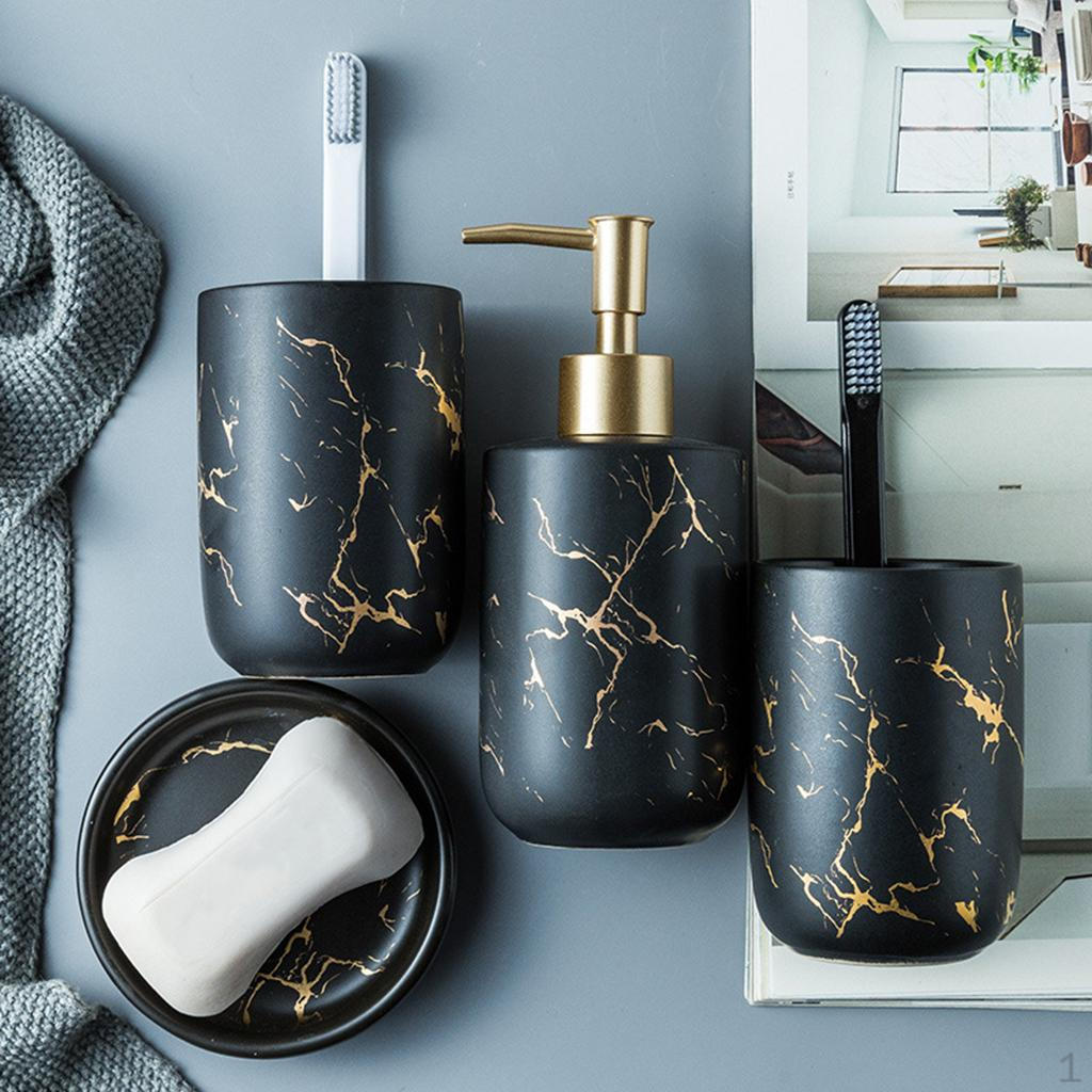 Badezimmer-Accessoire-Set KERAMIK Marmoroptik Spender Seifenschale