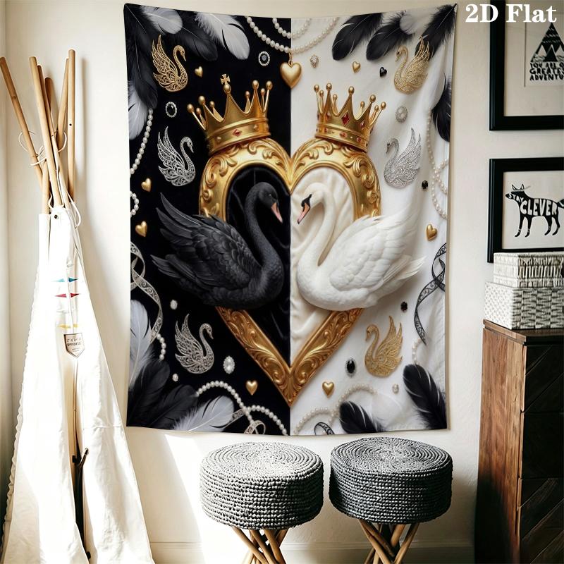 Black&White Swan Wall Tapestry Aesthetic Wall Hanging Printed Fabric Blanket Decorative Tapestries for Bedroom Living Room Home Decor