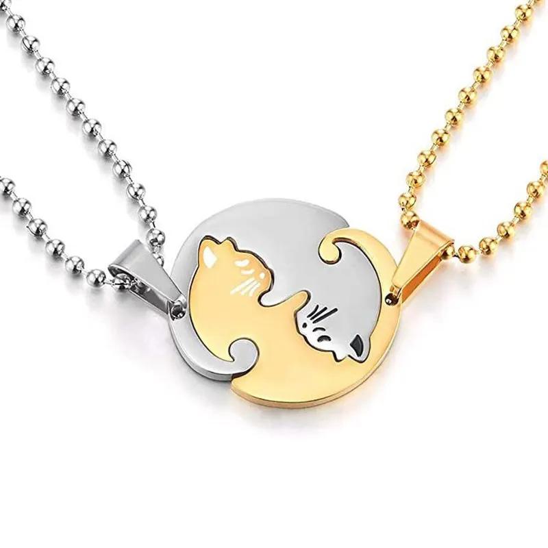 Couple Heart Necklace Cute Cartoon Cat Pendant Necklace Simple Color Black Animal Necklace Jewelry Gift For Girl Boys