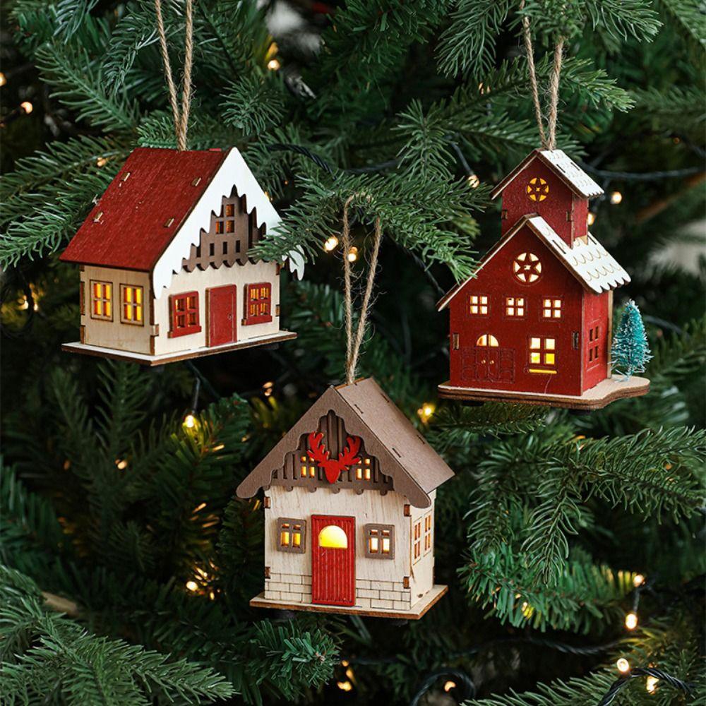 Decorative Christmas Snow House Pendant Elk Hanging Lighting Glowing Log Cabin Mini Christmas Tree LED Wooden Christmas House