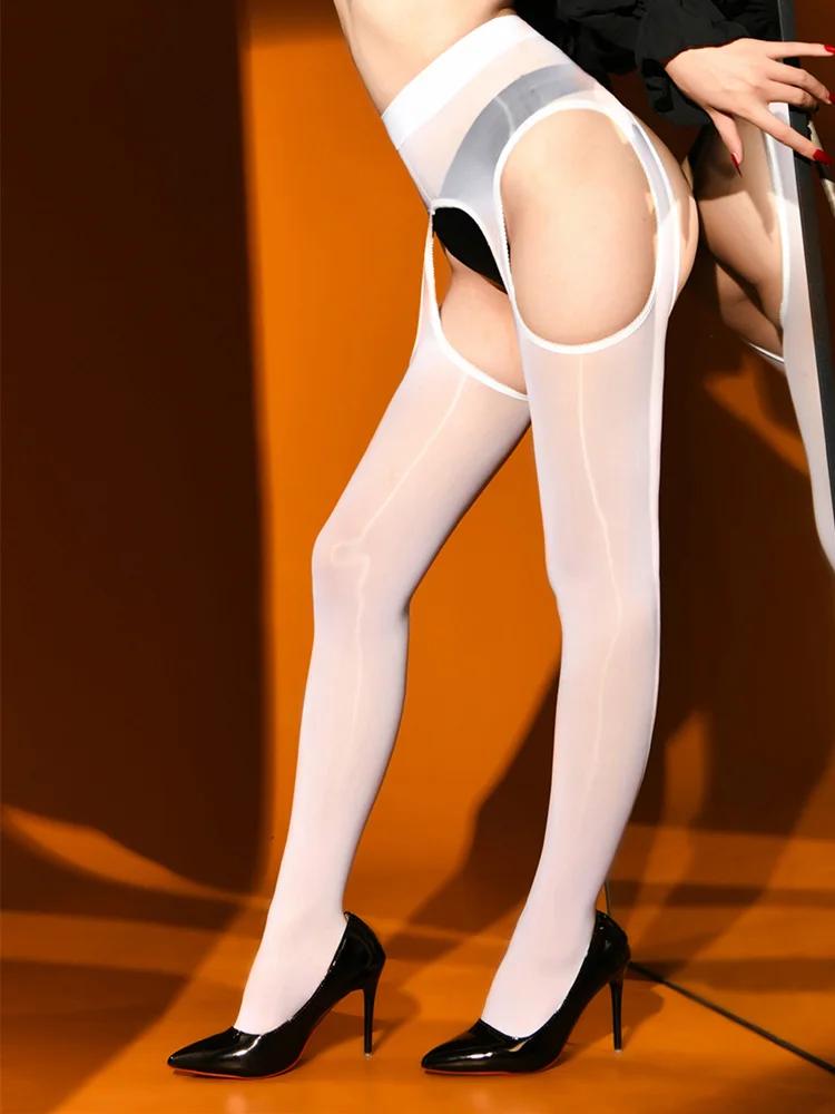 Sexy Crotchless Hollow Out Pantyhose High Elastic Oil Shiny Shaping Wear Sheer Tights Nightclub Maid Dance Wear Stocking