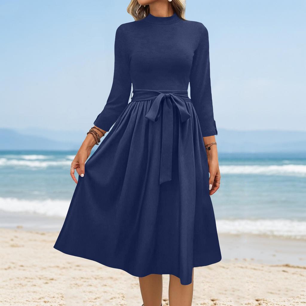 Women's Fashion Casual Belt Seven Sleeve Round Neck Solid Color Temperament Dresses