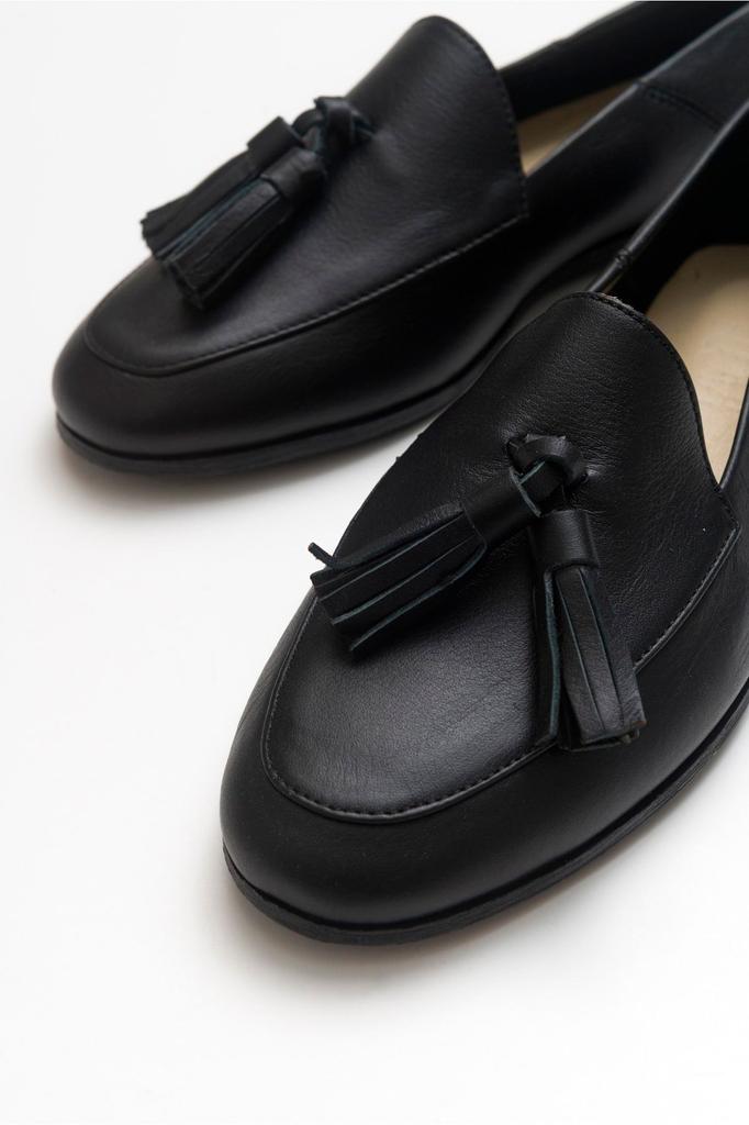 Women's Fashion Genuine Leather Flat Heels Loafer F Black Skin Leather Shoes