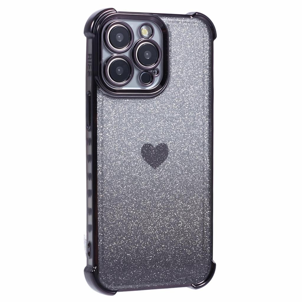 For iPhone 15 Pro Max Case Electroplating Glitter TPU Phone Cover Heart Pattern -  Grey