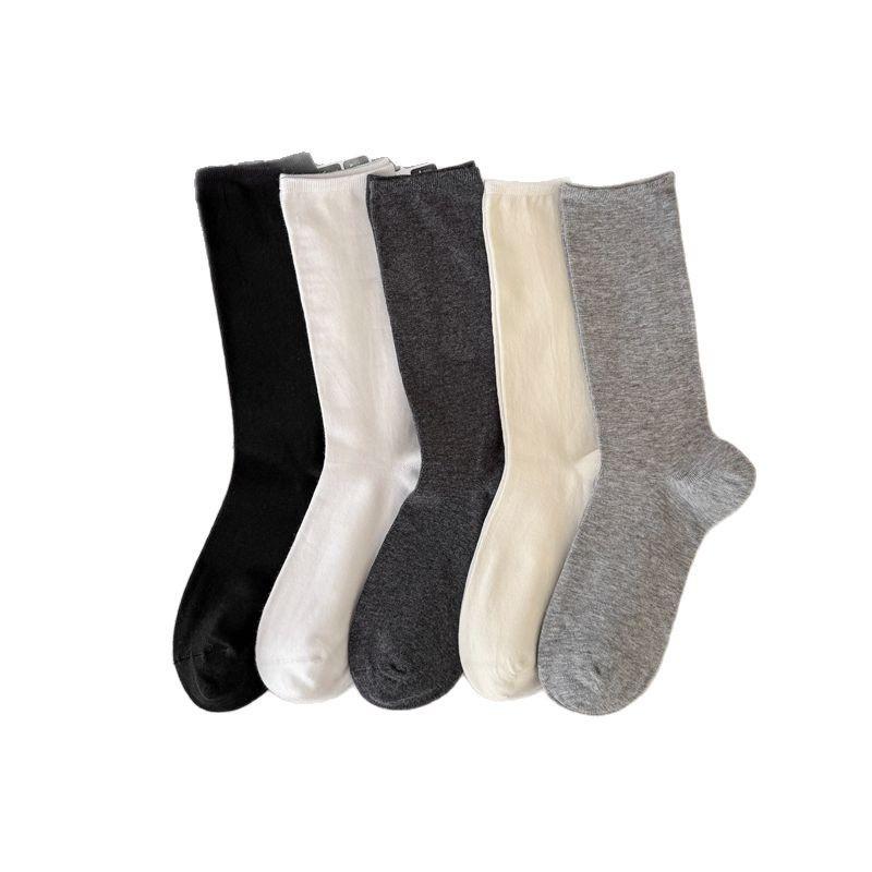 Korean All-In-One Machine Medium Tube Socks Flat Boneless Breathable Cotton Socks Solid Color Socks White Stockings Pile Up Socks Thin