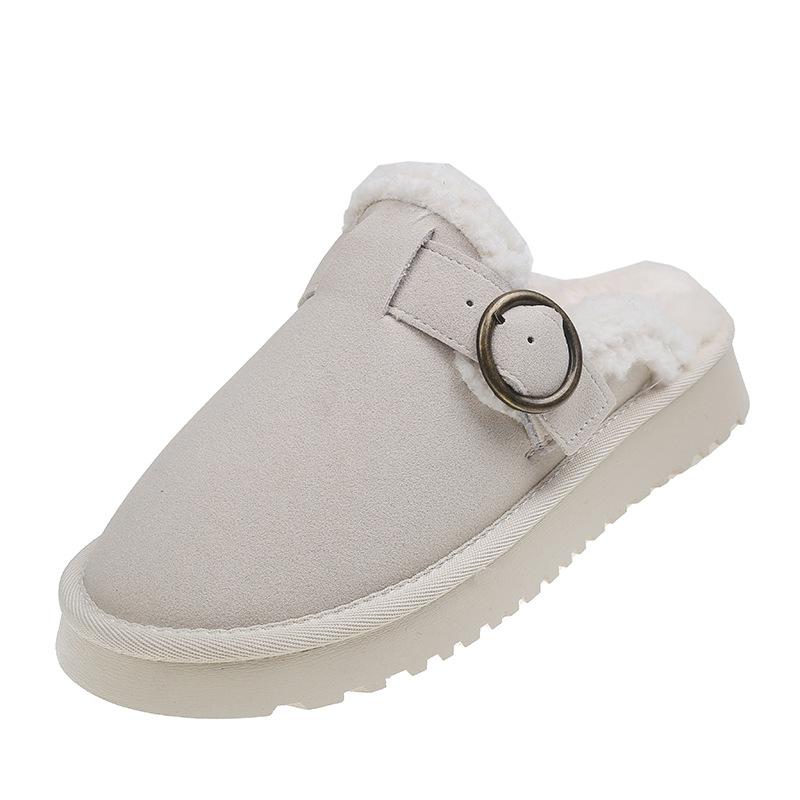 Autumn and Winter New Muffin Thick-soled Bag Head Half-drag Fluffy Shoes Women's Fashion Belt Buckle Outer Wear Cotton Slippers