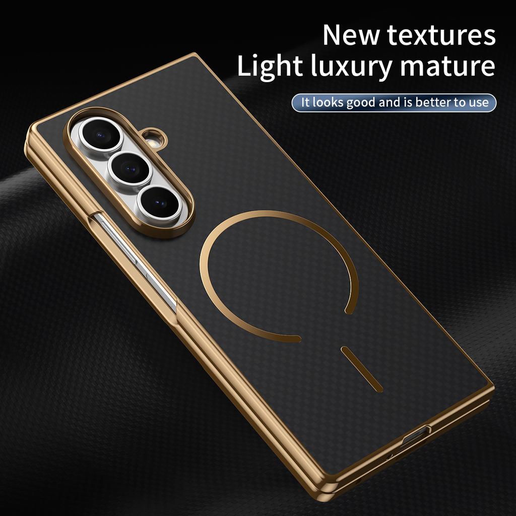 Plating Kavlar Magnetic Phone Case for Galaxy Z Fold 7/6 with Wireless Charging Compatible with Samsung -Includes Tempered Glass