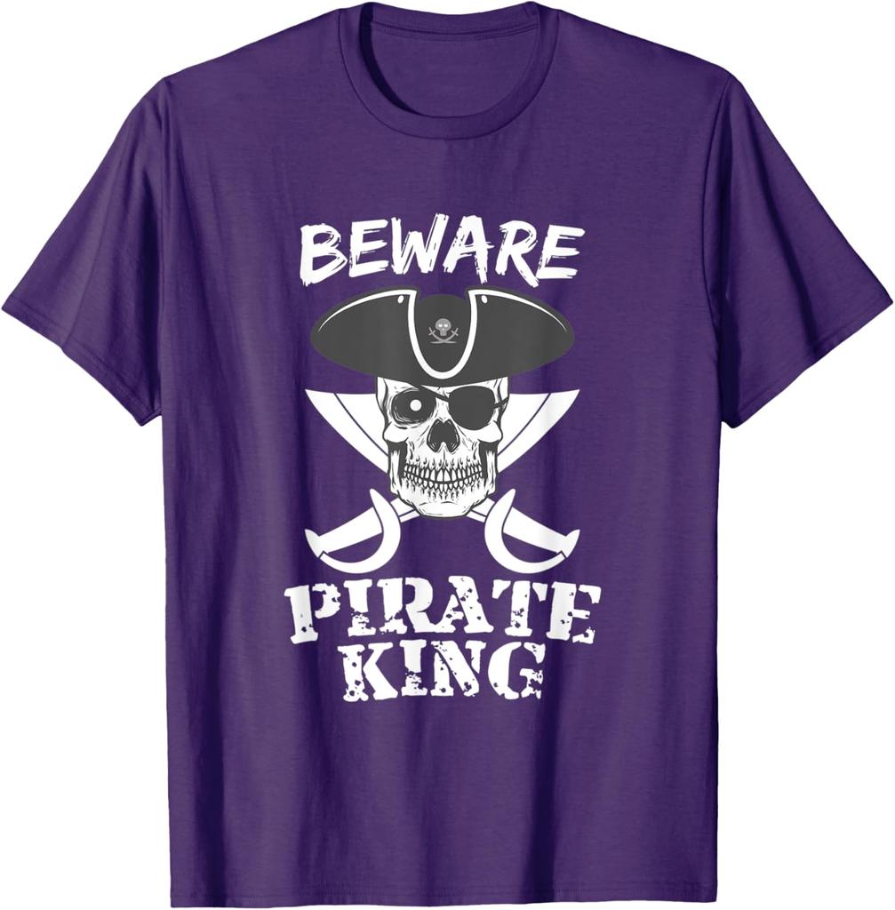 Beware Pirate King Skull and Crossed Swords Graphic Tee Casual Cotton Short Sleeve TShirt
