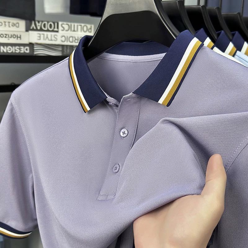 Luxury Fashion Short Sleeve Polo Shirt Men Summer High-end Ice Silk Breathable Personality Striped Color Matching Lapel T-shirt