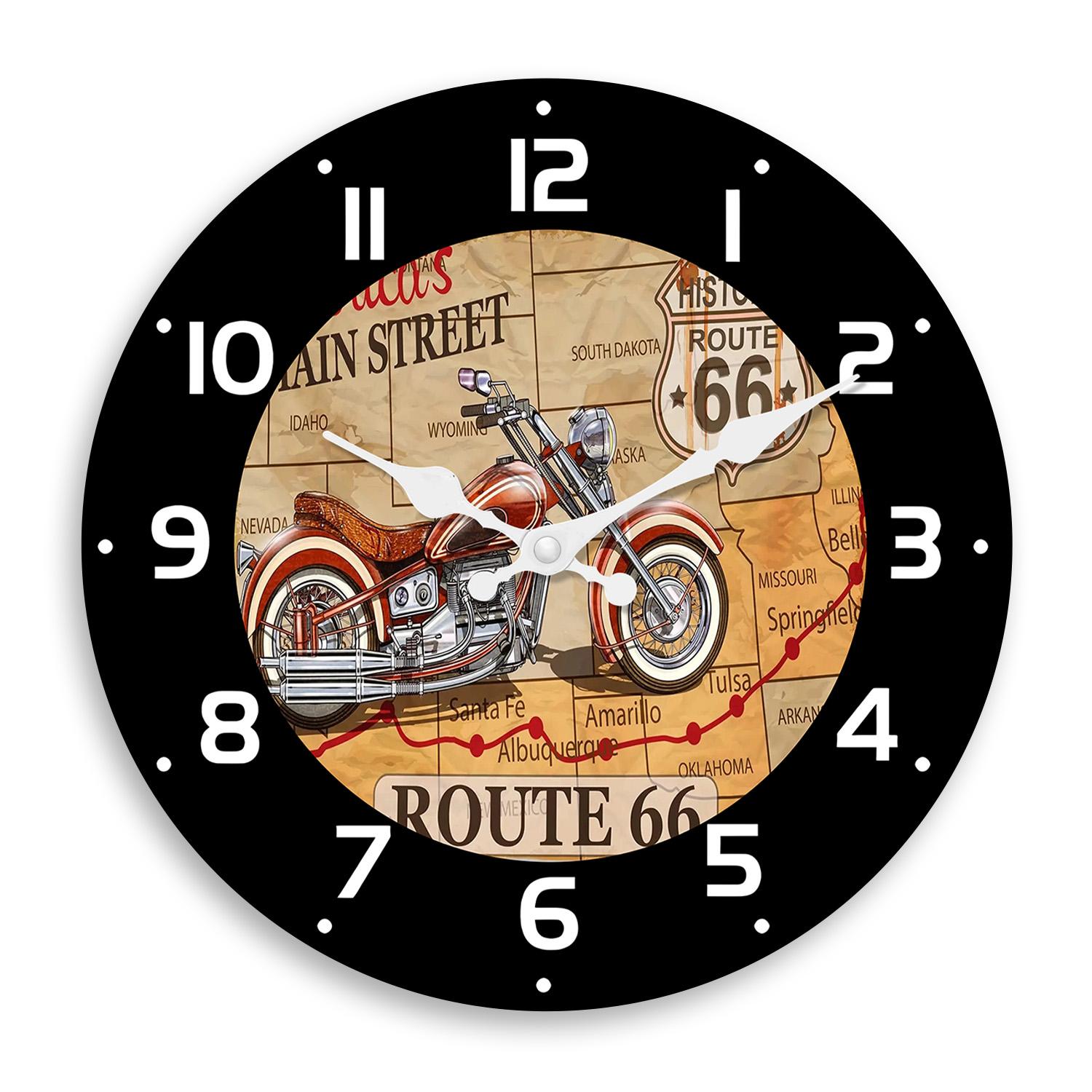 First-Class Fashionable First-Class Route 66 First-Class Two-Wheeler Premium-Quality Wooden Premium-Quality Wall Superior-Grade Clock (as the picture,10 Inches)