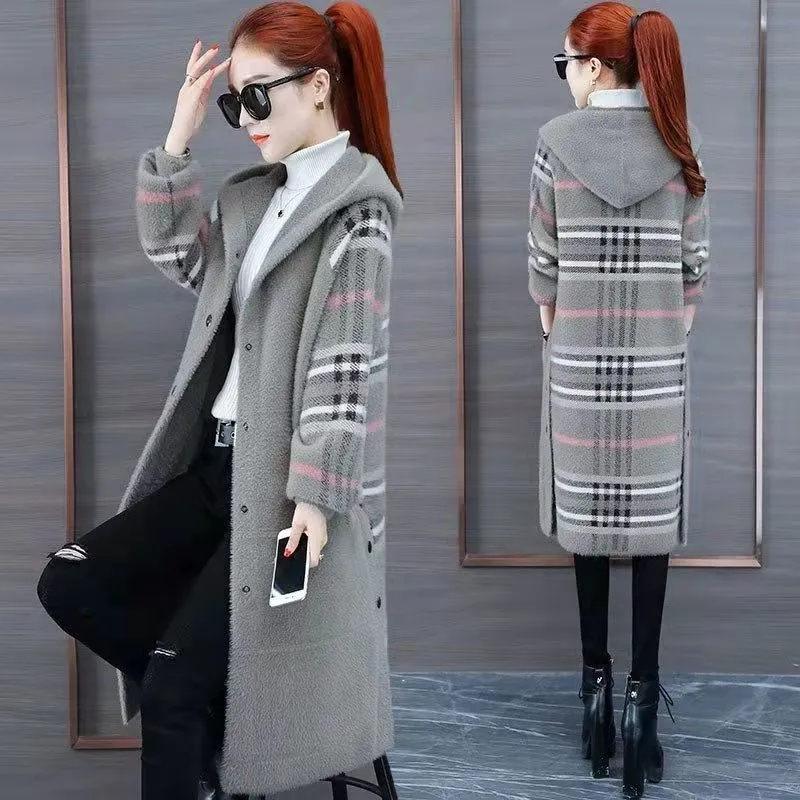 Plaid Imitation Nerz Samt Langen Mantel Frauen Herbst Winter Warm Lose Wollmischungen Jacke Koreanische Mode Fleece Mantel