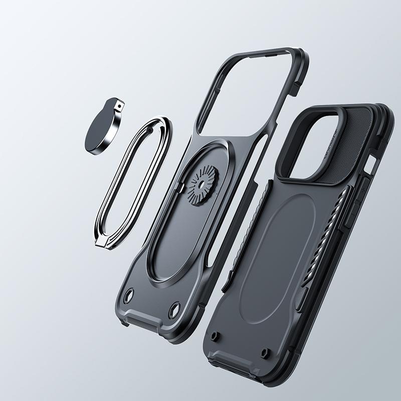 Joyroom Dual Hinge Case for iPhone 14 Plus - Rugged Black Cover with Built-in Stand and Ring Holder