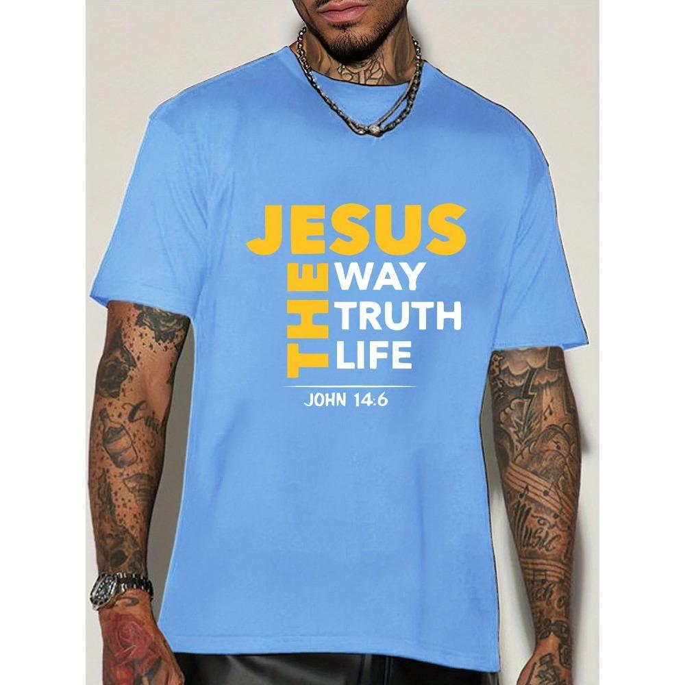 Summer Unisex Short Sleeve Crew Neck T Shirt Jesus The Way Truth Life Bible Text Religious Belief Theme Casual Cotton Streetwear