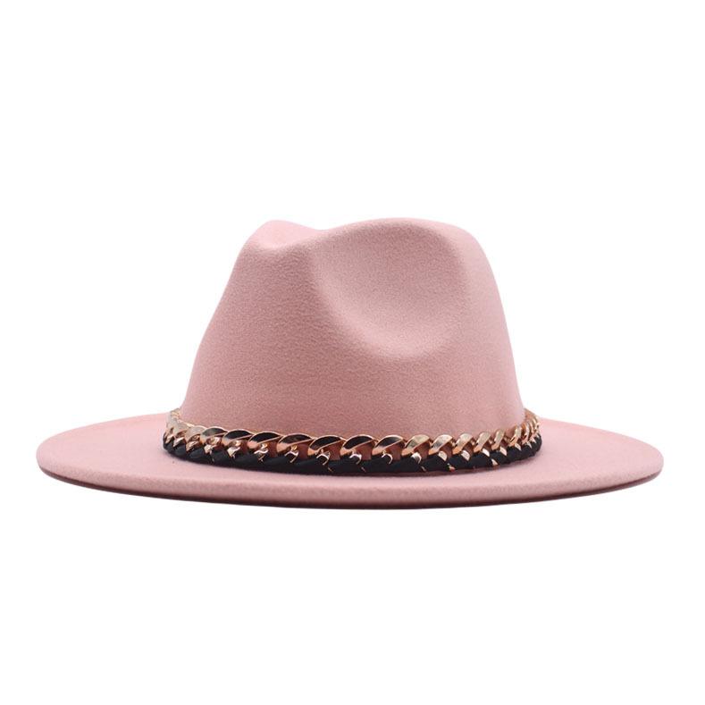 European, American Autumn and Winter British Style Fashionable and Elegant Flat-brimmed Big Eaves Hat Top Hat Men and Women Chain Jazz Woolen Hat