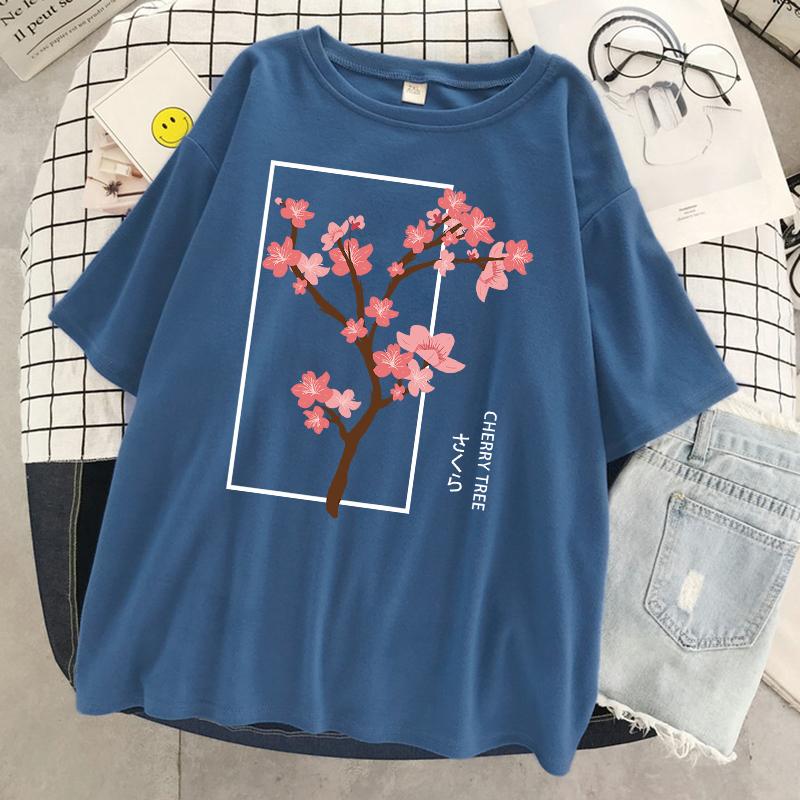 Cherry Tree In Full Bloom Printing Female Tshirt Street Breathable T Shirt Soft Fashion Short Sleeve Oversized Sport T Shirts