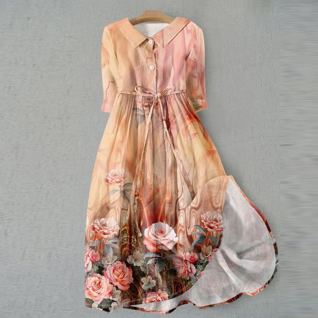 Women's Fashion Vintage Floral Print Lapel Button Three Quarter Sleeves Strappy Dress