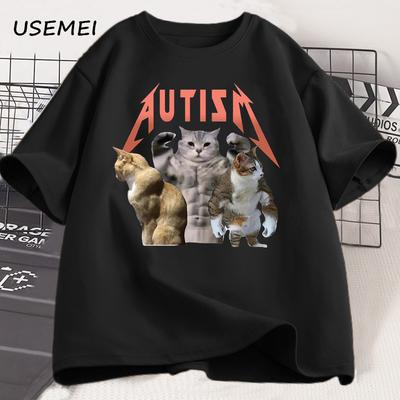 Lustiges Katze Autismus T-Shirt Herren Damen Baumwolle Kurzarm T-Shirt Unisex Streetwear Grafik T-Shirts Bedruckt Übergroß Männliche Kleidung Oberteile