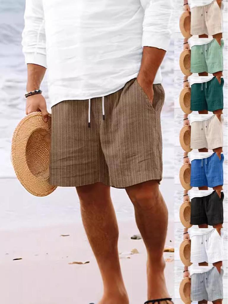 Men's Striped Cotton Linen Beach Shorts with Multi-Pocket and Drawstring