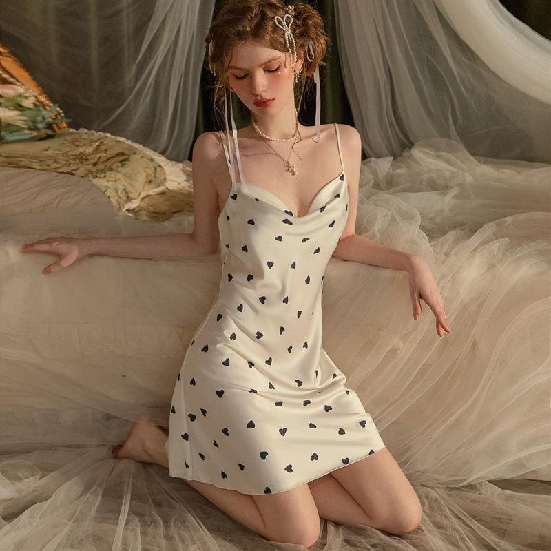 Sexy pajamas women's summer ice silk swinging collar floral high-end beauty back with suspenders nightgown pure desire style loungewear