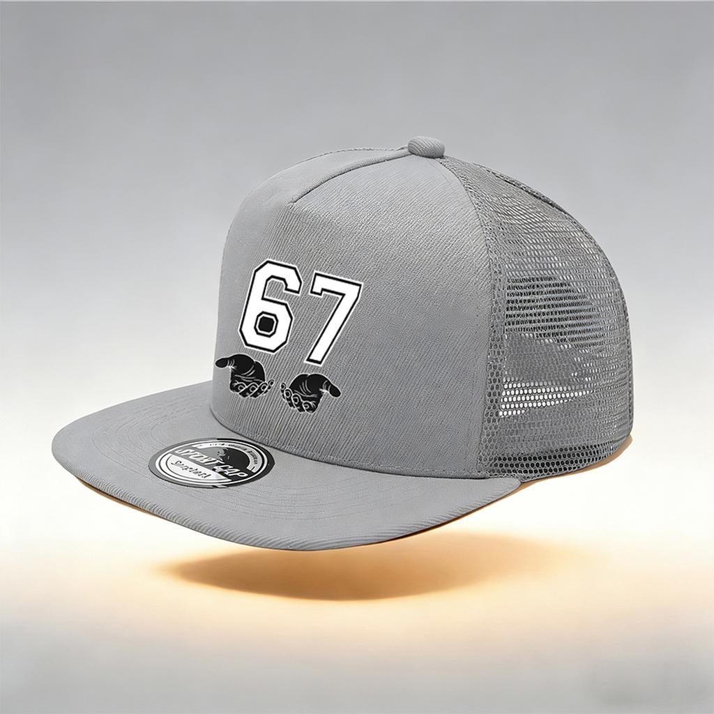 1/2 STKS Platte Rand Mesh Trucker Cap, Ademend, 67 Nummer Hand Gebaar Print, Retro Hip Hop Streetwear voor Mannen Vrouwen