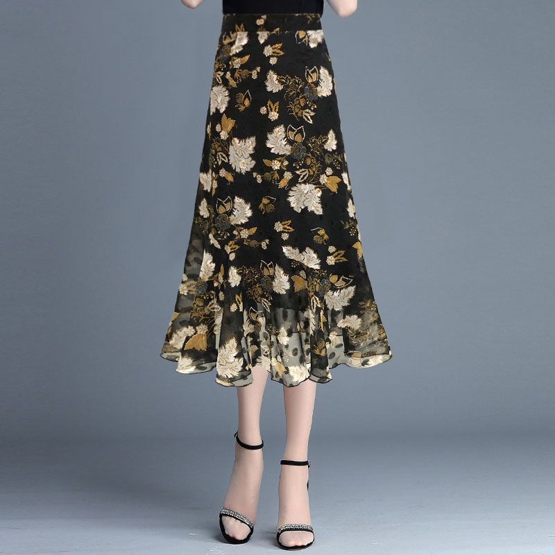 Women's Summer Half Skirt A-line Fishtail Skirt Chiffon Printed Mid Length High Waist Half Skirt