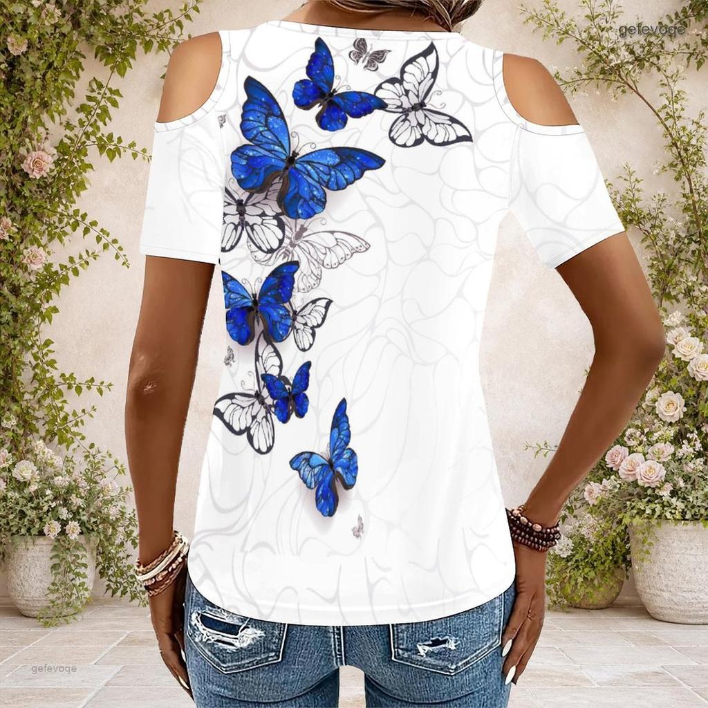 Women Plus Size Keyhole Ring Neck Cold Shoulder Geometric Printed Short Sleeve Top