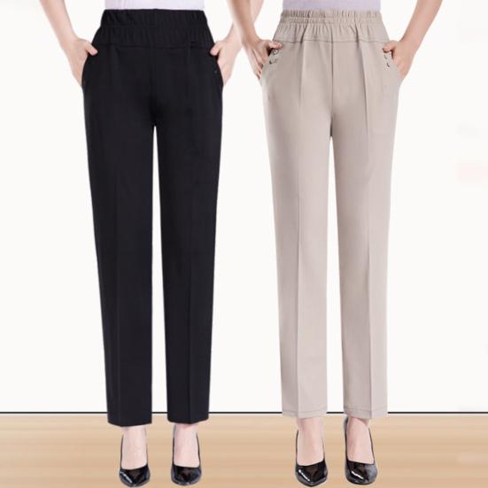 High Waist Elastic Waistband Women Pants Button Decoration Pockets Thin Office Lady Straight Wide Leg Trousers