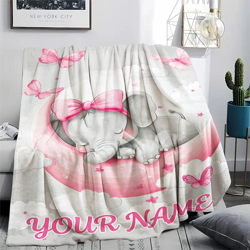 1PC Custom Name Pink Elephant Dreams Patterned Flannel Blanket Suitable For All Seasons for Home Decor Warmth and Comfort Gifts Holiday Present_lx