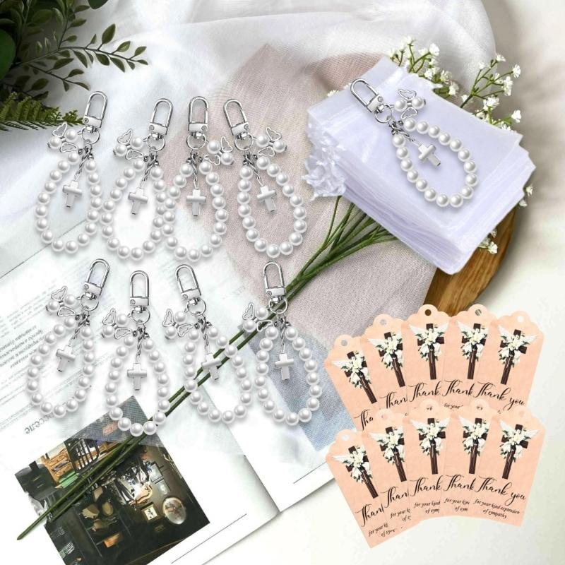 Pack Of 10Sets Pearls Crosses Keychains With Thank You Labels And Organza Bags For Wedding Baby Shower Baptism Party Favors