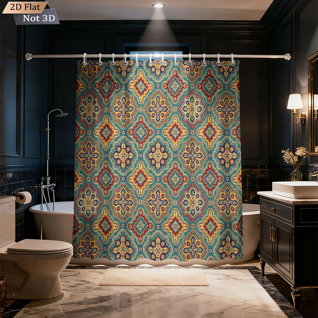 1pc Bohemian Color Retro Pattern Print Waterproof Privacy Partition Shower Curtain With 12 Hooks Multiple Sizes Machine Washable