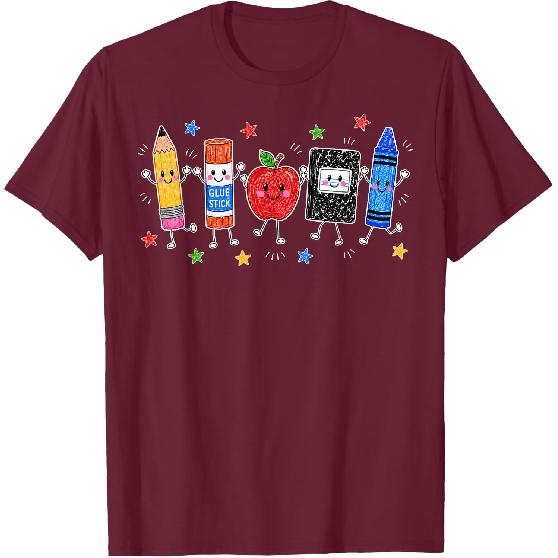 Back to School Cute Pencil Crayon Apple Teacher Boy Girl Kid T-Shirt