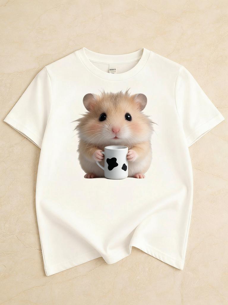 2026 Summer Girls Round Neck Tshirt Casual Pure Cotton Top with Hamster Print Cute and Unique Short Sleeves Girl Clothes