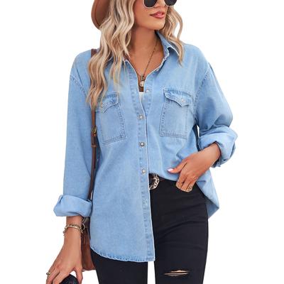 Women Denim Coat with Pockets Single Breasted Long Sleeve Loose Top for Indoor and Outdoor Light