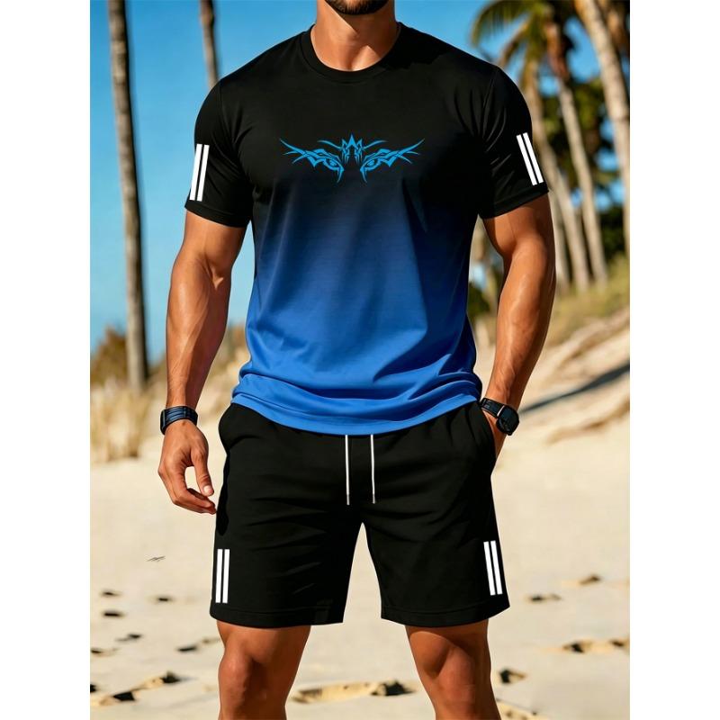 Summer New Men'S Casual Style Gradient Athletic Set, Gradient Short Sleeve T-Shirt And Drawstring Shorts