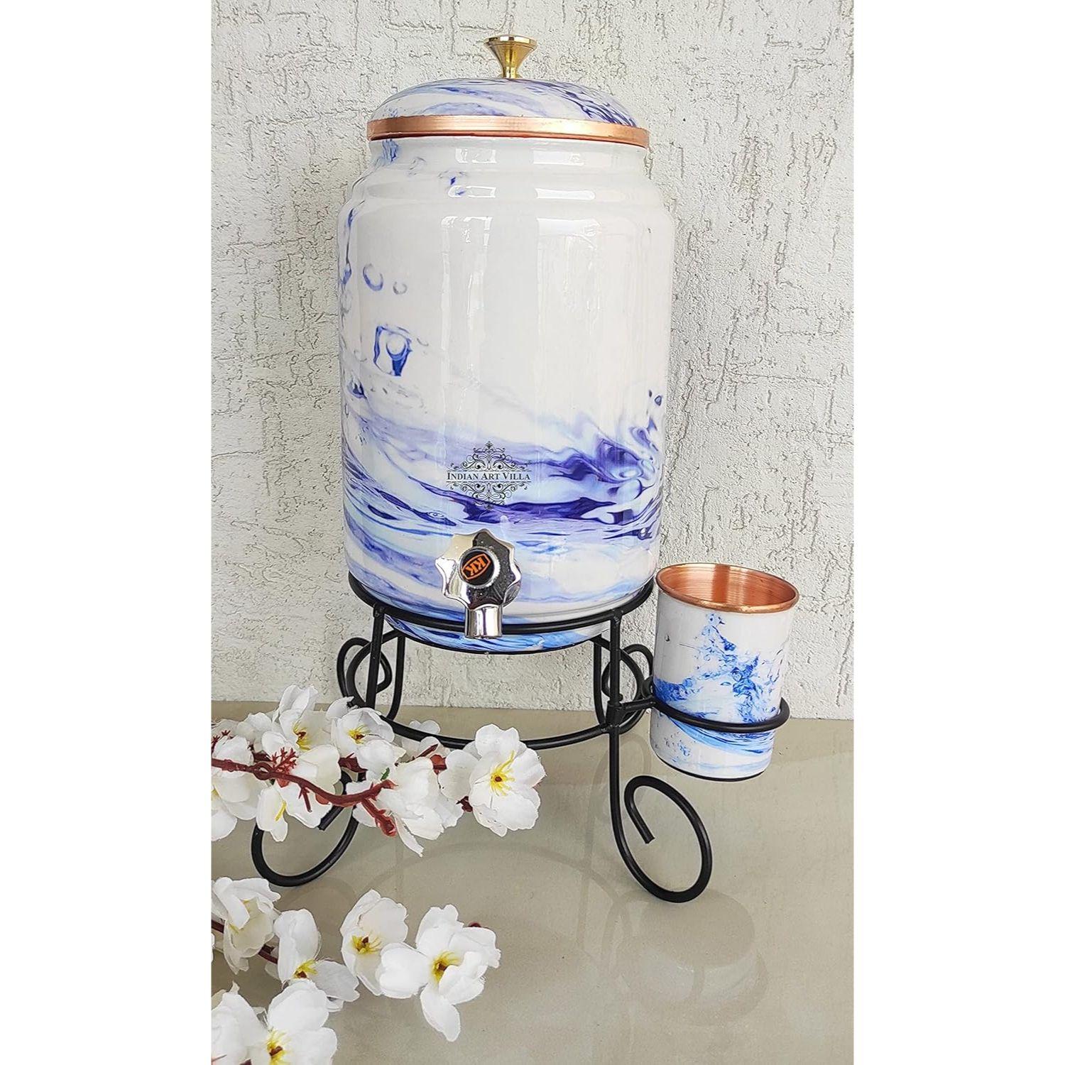 

Pure Copper Aqua Blue Printed Design Water Pot Heavy Gauge with Brass Tap & Copper Glass & Stand, Storage & Serving Water, Volume- 5 Liters