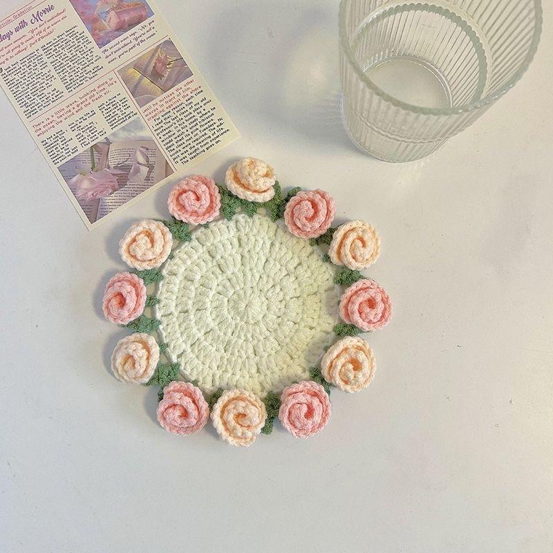 Handmade Crochet Rose Flower Coaster Set Heat-Resistant Cup Mats for Home Decor DIY Mother's Day Gift Eco-Friendly