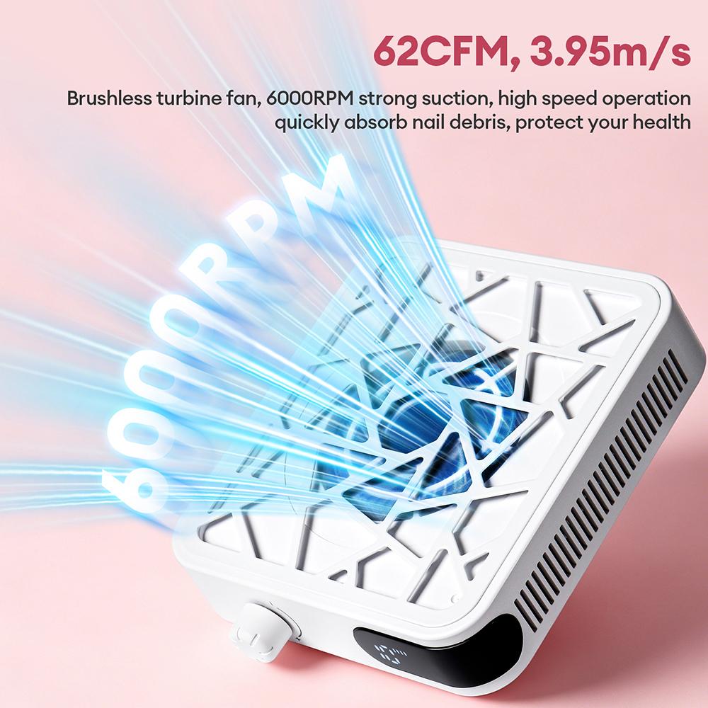 6000RPM Nail Dust Collector Powerful Suction Brushless Turbine Fan 10 Level Suction Adjustable Portable Nail Dust Extractor