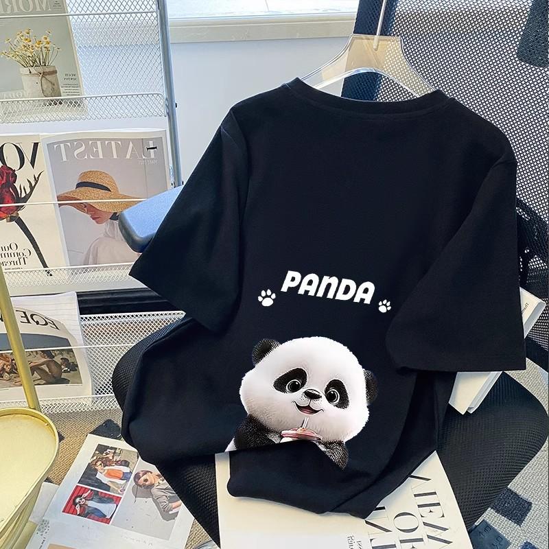Women's Crew Neck Short Sleeve T-Shirt Cute Panda Print Loose Casual Mid Length Summer Tops Tees