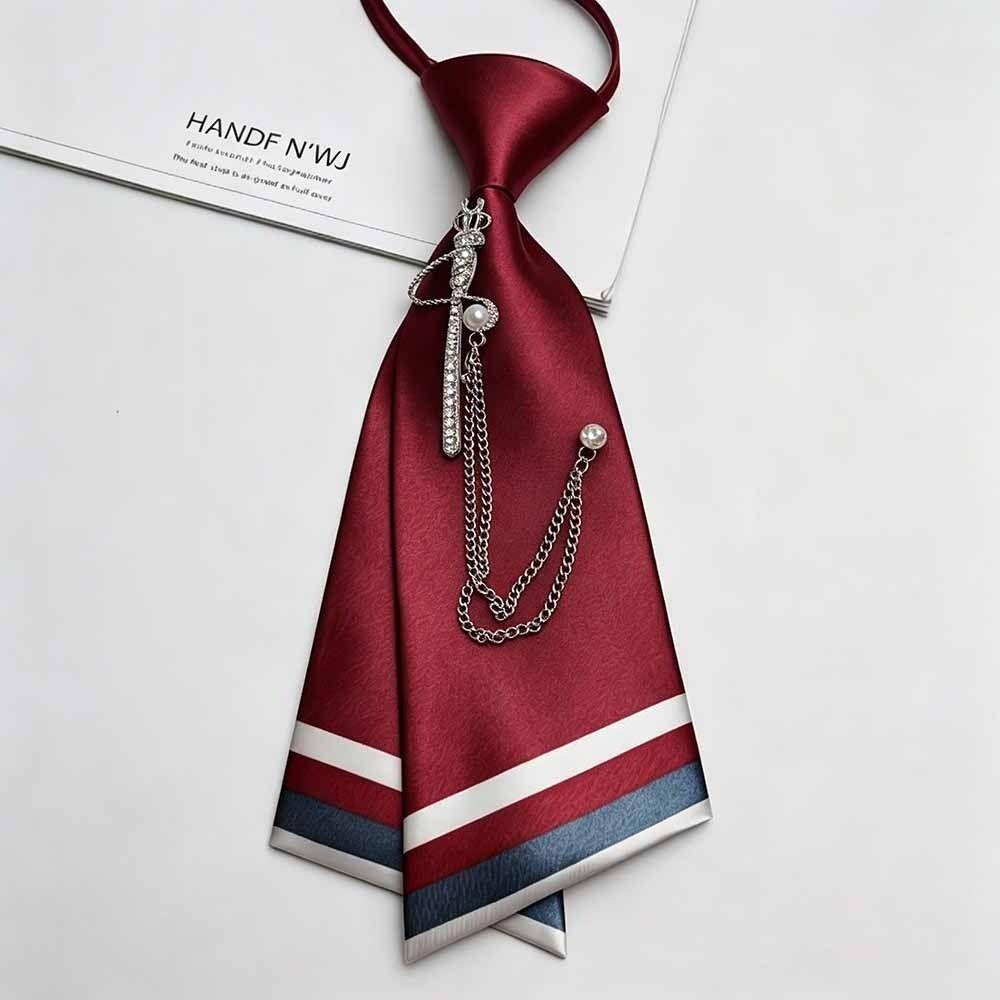 Smooth Satin Material Beaded Floral Tie Pearl Chain Decoration Striped Decorative Pearl Chain Necktie No-Sew Design Elastic
